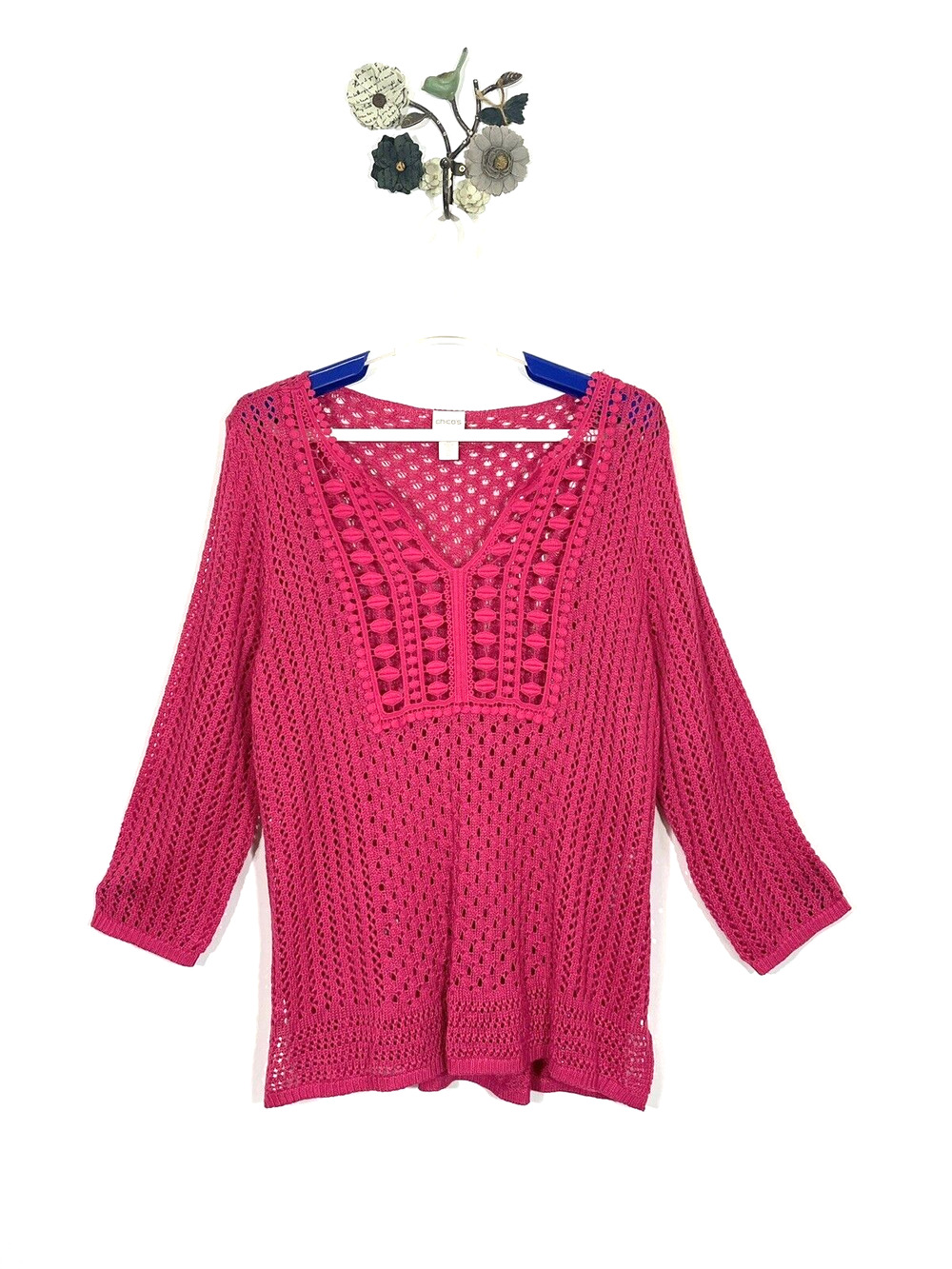 CHICO'S Size 3 US 16 Pink Open Knit Crochet Pullover 3/4 Sleeve Top Tunic